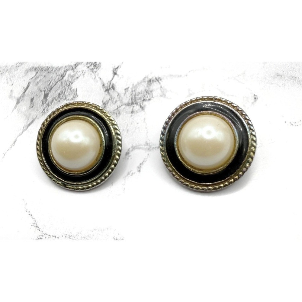 Vintage Chunky Gold Black Enamel Faux Pearl Clip On Earrings 12mm